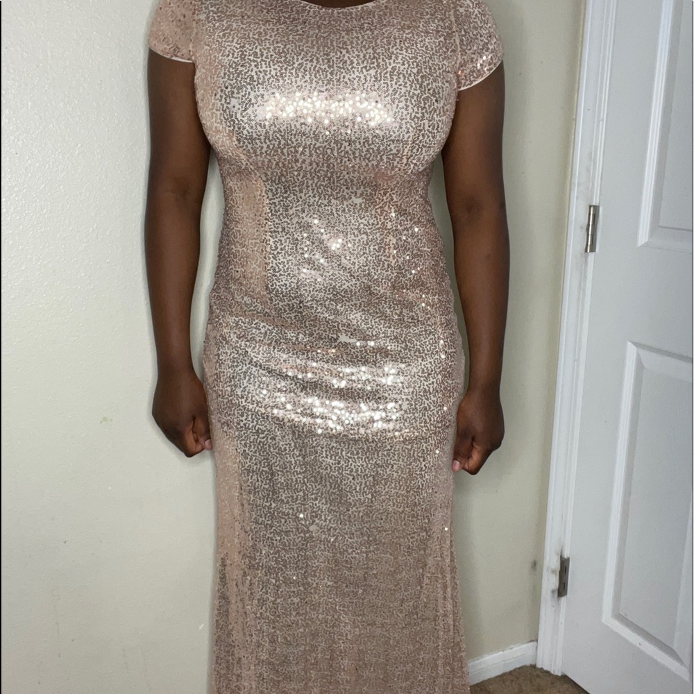 Shimmer rose gold long body con dress